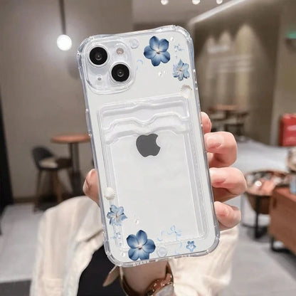Blue Flowers Shells Ribbons Pattern-Slim Clear Phone Case With Card Holder For IPhone11/12/13/14/15/16 Pro- Minimalist Wallet Replacement- Lightweight Design| Good Gift For Friend,Suitable For IPho