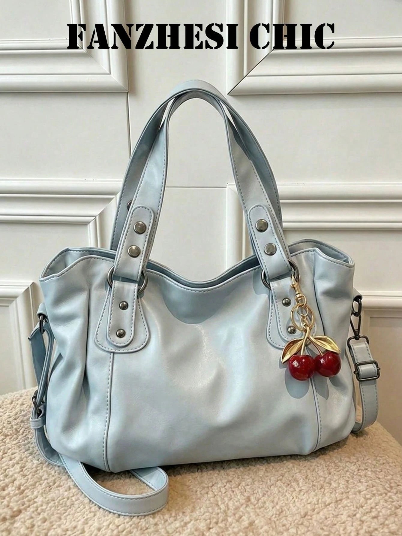 Blue PU Crossbody Shoulder Bag, With Metal Hardware, Removable Cherry Pendant, Spacious Interior To Store Daily Supplies For Casual Daily Outfits