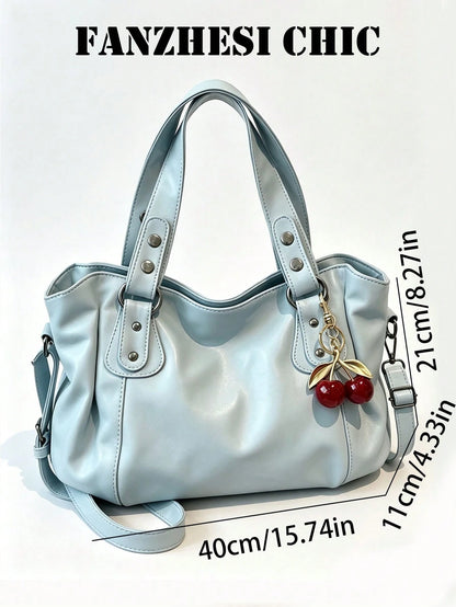 Blue PU Crossbody Shoulder Bag, With Metal Hardware, Removable Cherry Pendant, Spacious Interior To Store Daily Supplies For Casual Daily Outfits