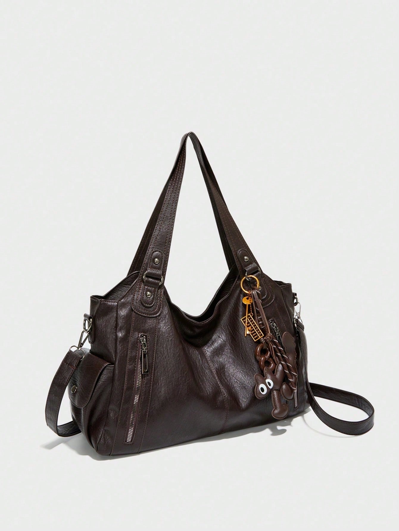 Blue PU Crossbody Shoulder Bag, With Metal Hardware, Removable Cherry Pendant, Spacious Interior To Store Daily Supplies For Casual Daily Outfits
