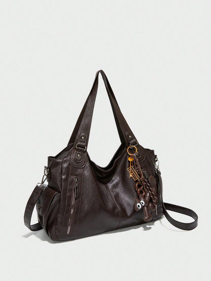 Blue PU Crossbody Shoulder Bag, With Metal Hardware, Removable Cherry Pendant, Spacious Interior To Store Daily Supplies For Casual Daily Outfits