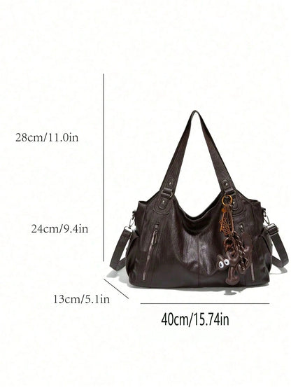 Blue PU Crossbody Shoulder Bag, With Metal Hardware, Removable Cherry Pendant, Spacious Interior To Store Daily Supplies For Casual Daily Outfits