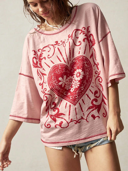 Bohemela Plus Size Summer Casual 2000s 90s Heart Floral Print Drop Shoulder Loose T-Shirt,Vintage Office Dusty Pink