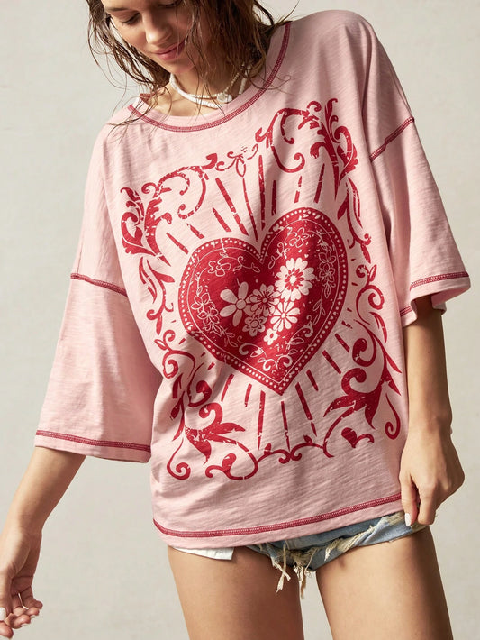 Bohemela Plus Size Summer Casual 2000s 90s Heart Floral Print Drop Shoulder Loose T-Shirt,Vintage Office Dusty Pink