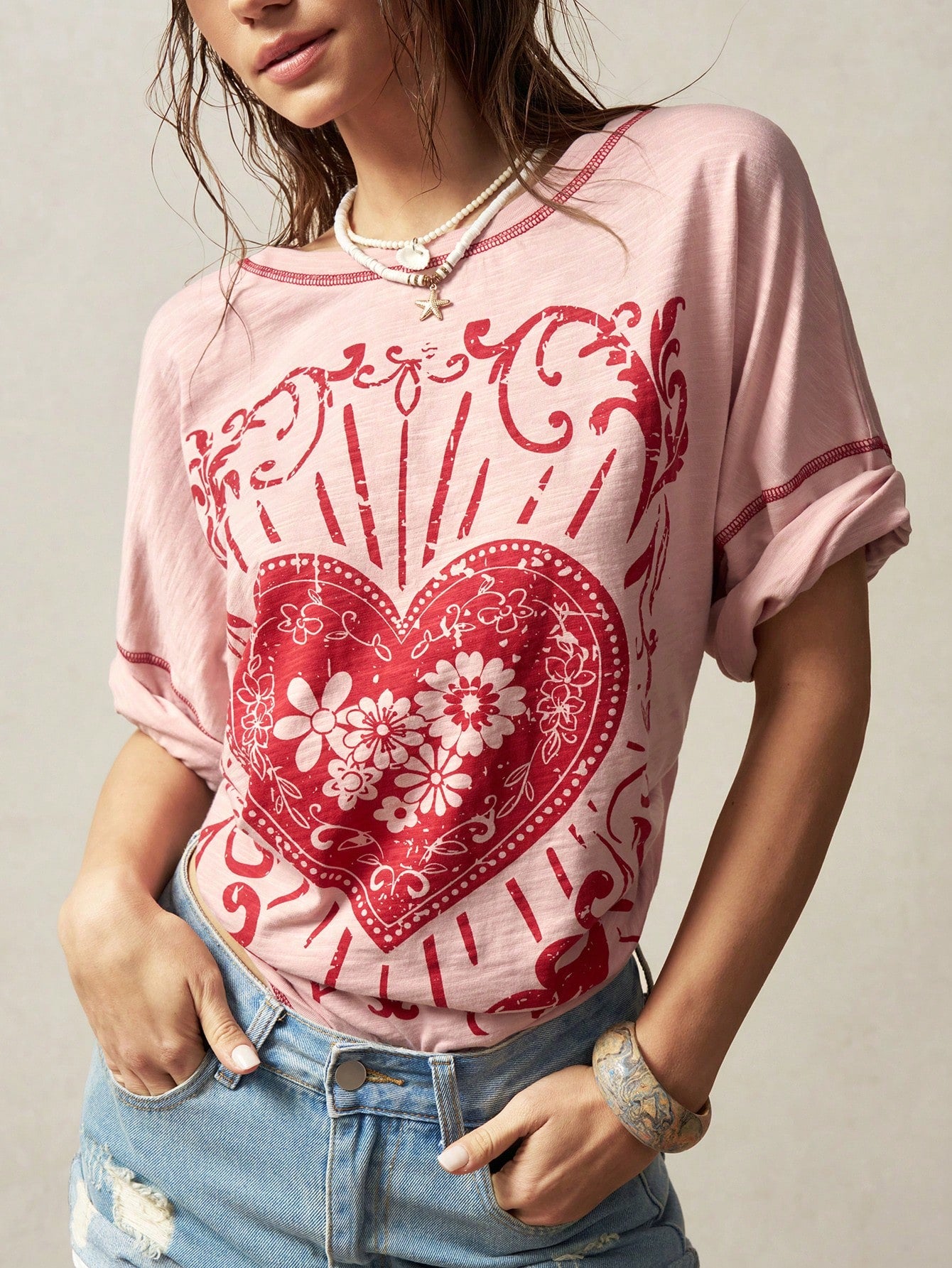 Bohemela Plus Size Summer Casual 2000s 90s Heart Floral Print Drop Shoulder Loose T-Shirt,Vintage Office Dusty Pink