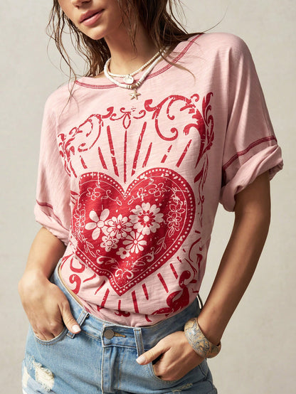 Bohemela Plus Size Summer Casual 2000s 90s Heart Floral Print Drop Shoulder Loose T-Shirt,Vintage Office Dusty Pink