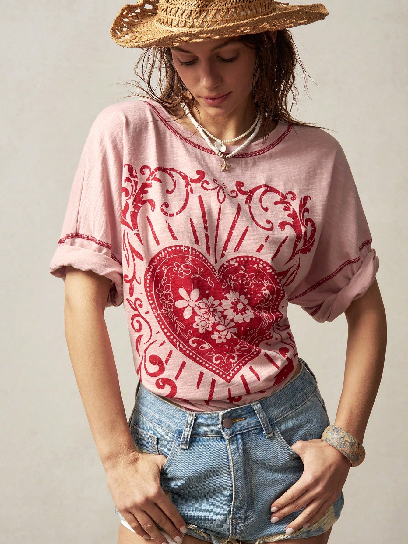 Bohemela Plus Size Summer Casual 2000s 90s Heart Floral Print Drop Shoulder Loose T-Shirt,Vintage Office Dusty Pink