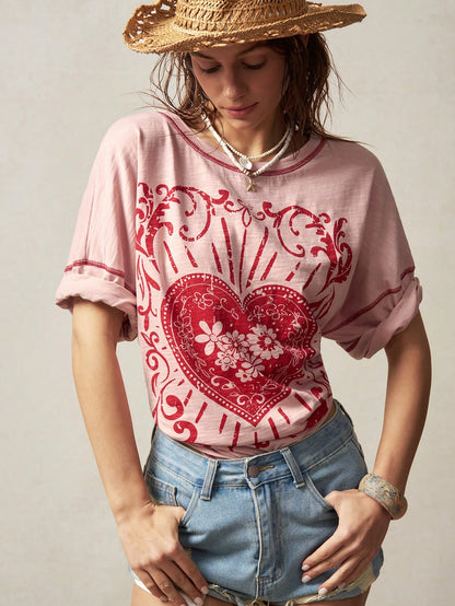 Bohemela Plus Size Summer Casual 2000s 90s Heart Floral Print Drop Shoulder Loose T-Shirt,Vintage Office Dusty Pink