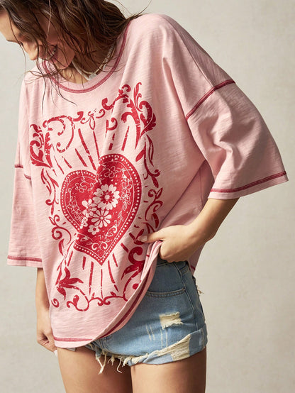 Bohemela Plus Size Summer Casual 2000s 90s Heart Floral Print Drop Shoulder Loose T-Shirt,Vintage Office Dusty Pink
