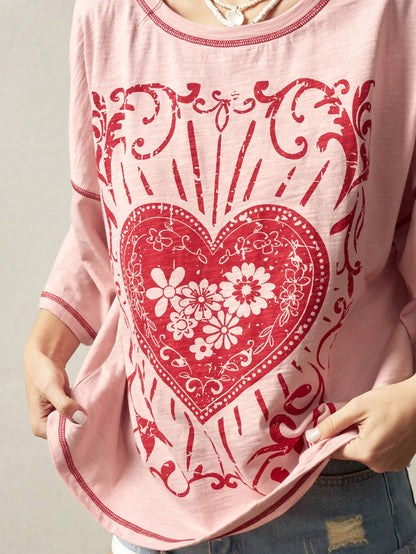 Bohemela Plus Size Summer Casual 2000s 90s Heart Floral Print Drop Shoulder Loose T-Shirt,Vintage Office Dusty Pink