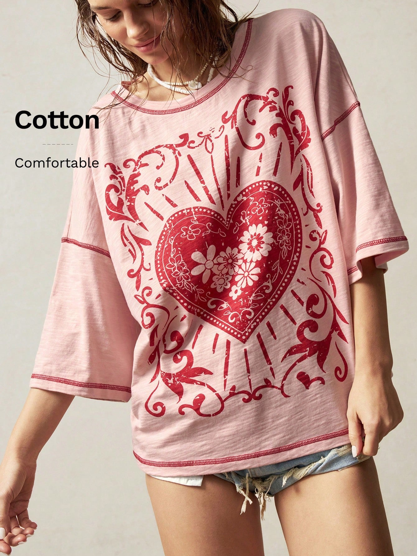 Bohemela Plus Size Summer Casual 2000s 90s Heart Floral Print Drop Shoulder Loose T-Shirt,Vintage Office Dusty Pink