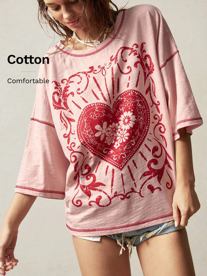 Bohemela Plus Size Summer Casual 2000s 90s Heart Floral Print Drop Shoulder Loose T-Shirt,Vintage Office Dusty Pink