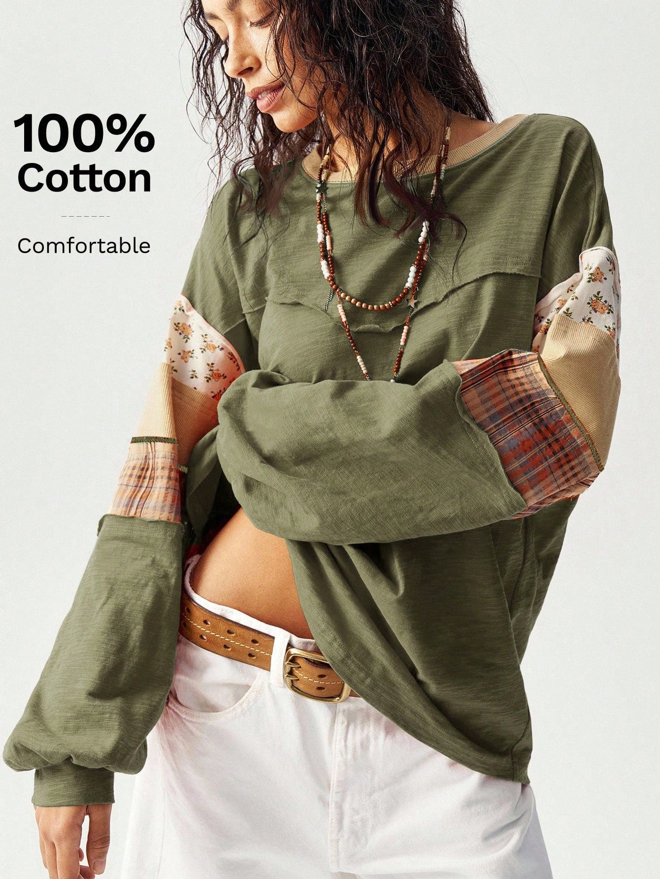 Bohemela Plus Size Women Patchwork Floral Plaid Print Round Neck Drop Shoulder Long Sleeve Casual Eleganza Boho Loose T-Shirt Army Green Autumn Vacation