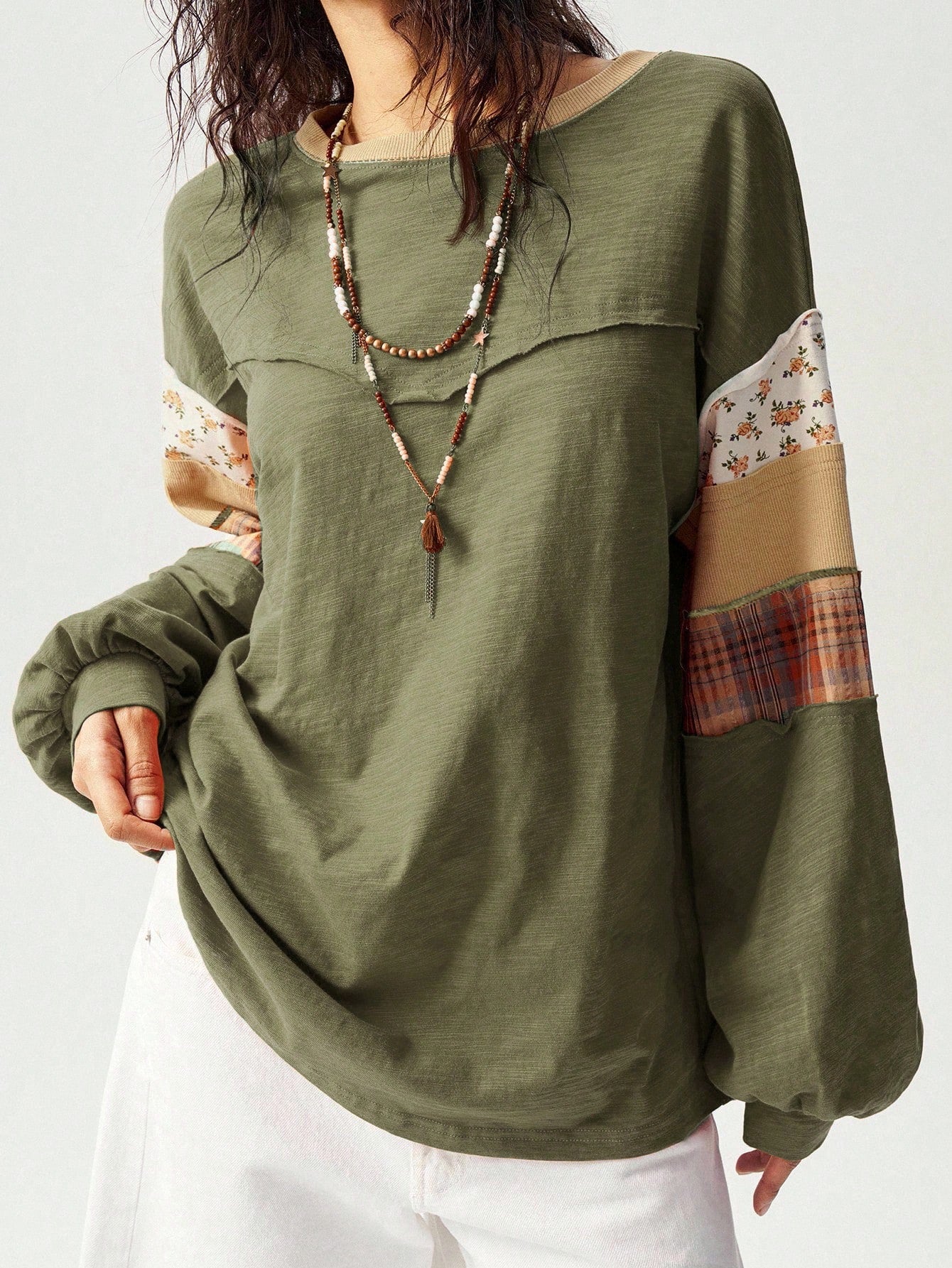 Bohemela Plus Size Women Patchwork Floral Plaid Print Round Neck Drop Shoulder Long Sleeve Casual Eleganza Boho Loose T-Shirt Army Green Autumn Vacation