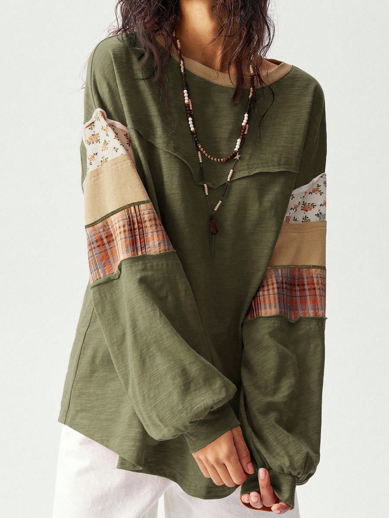 Bohemela Plus Size Women Patchwork Floral Plaid Print Round Neck Drop Shoulder Long Sleeve Casual Eleganza Boho Loose T-Shirt Army Green Autumn Vacation