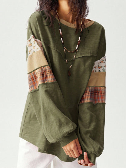 Bohemela Plus Size Women Patchwork Floral Plaid Print Round Neck Drop Shoulder Long Sleeve Casual Eleganza Boho Loose T-Shirt Army Green Autumn Vacation