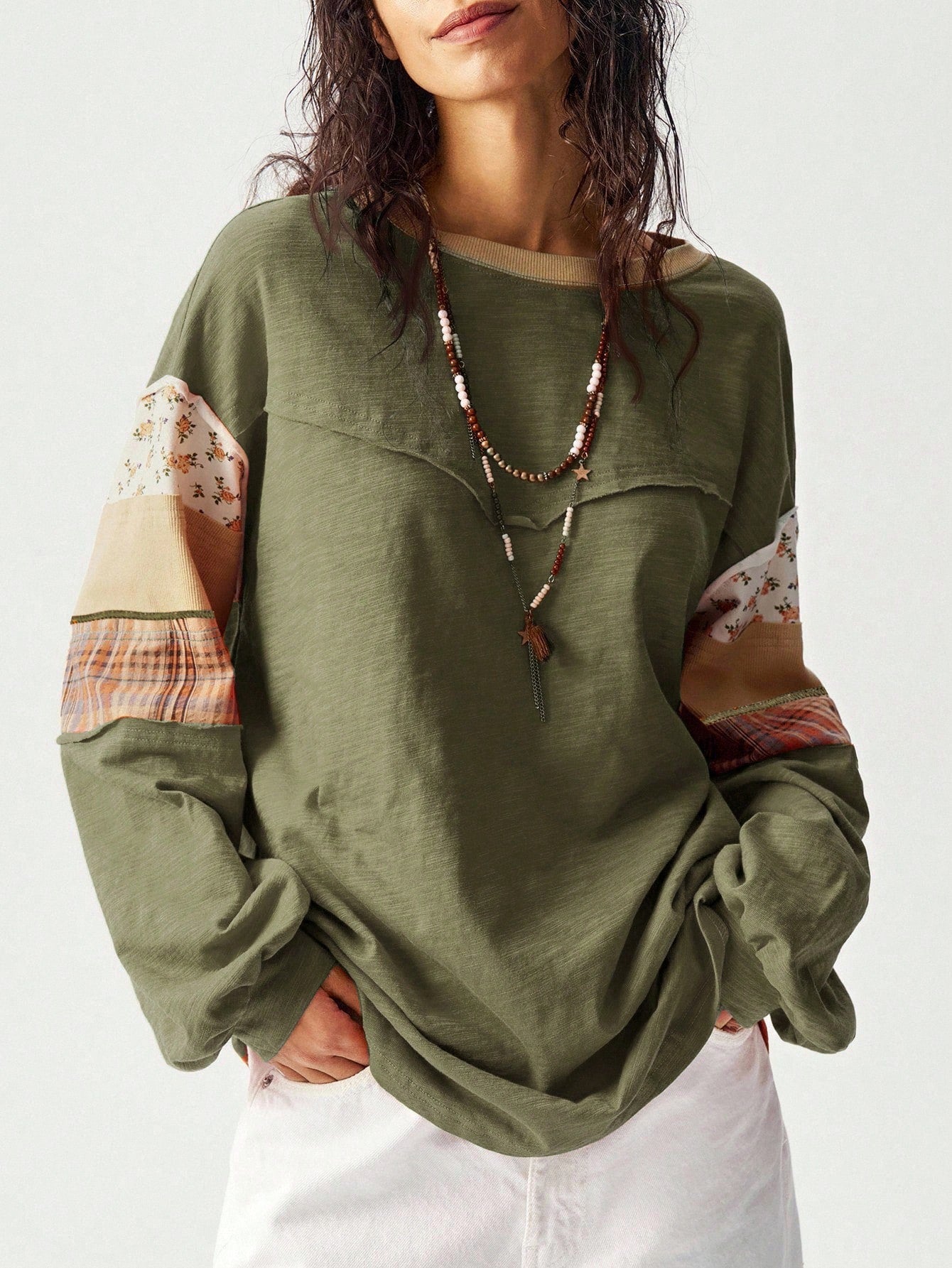 Bohemela Plus Size Women Patchwork Floral Plaid Print Round Neck Drop Shoulder Long Sleeve Casual Eleganza Boho Loose T-Shirt Army Green Autumn Vacation