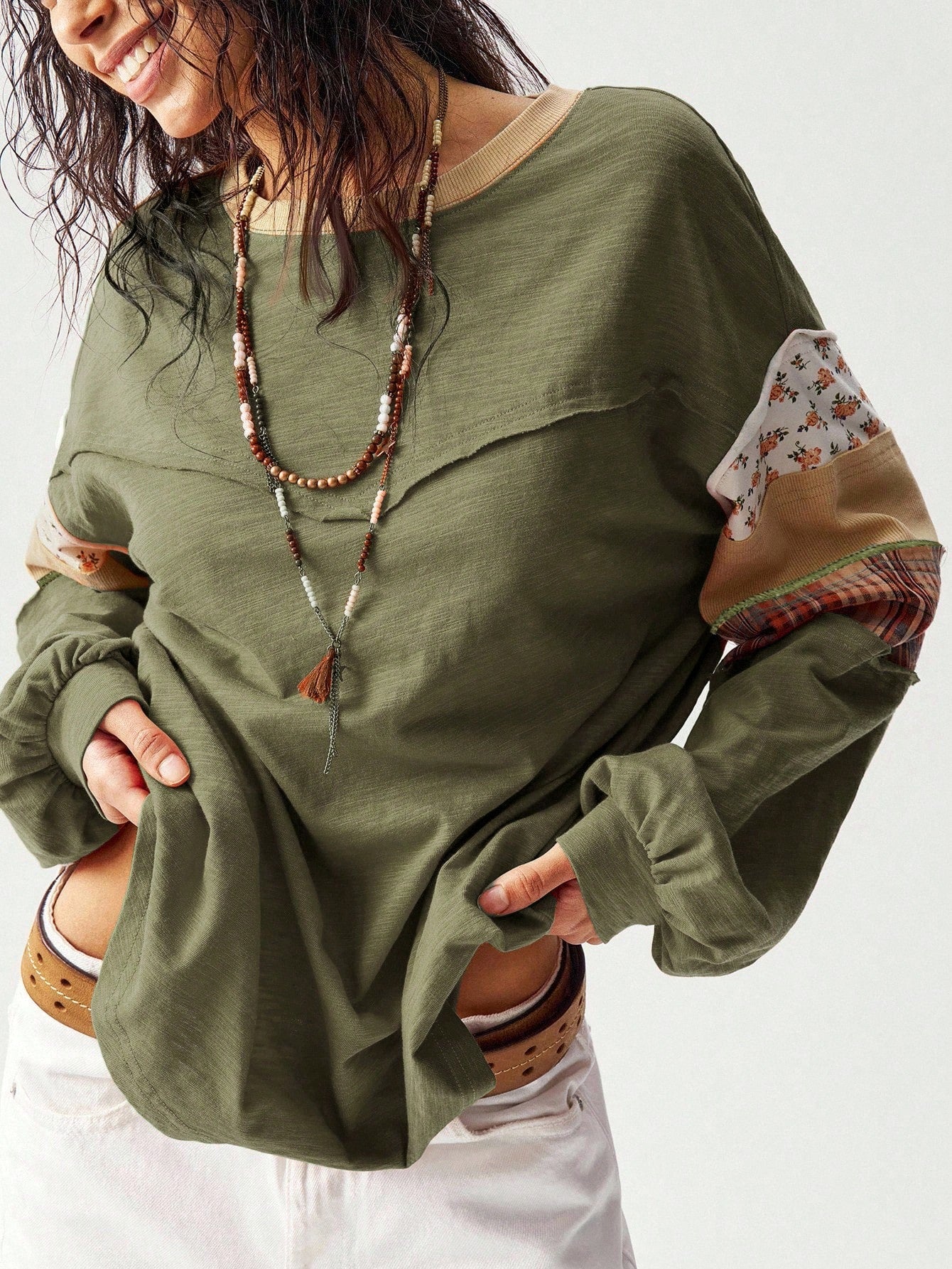 Bohemela Plus Size Women Patchwork Floral Plaid Print Round Neck Drop Shoulder Long Sleeve Casual Eleganza Boho Loose T-Shirt Army Green Autumn Vacation
