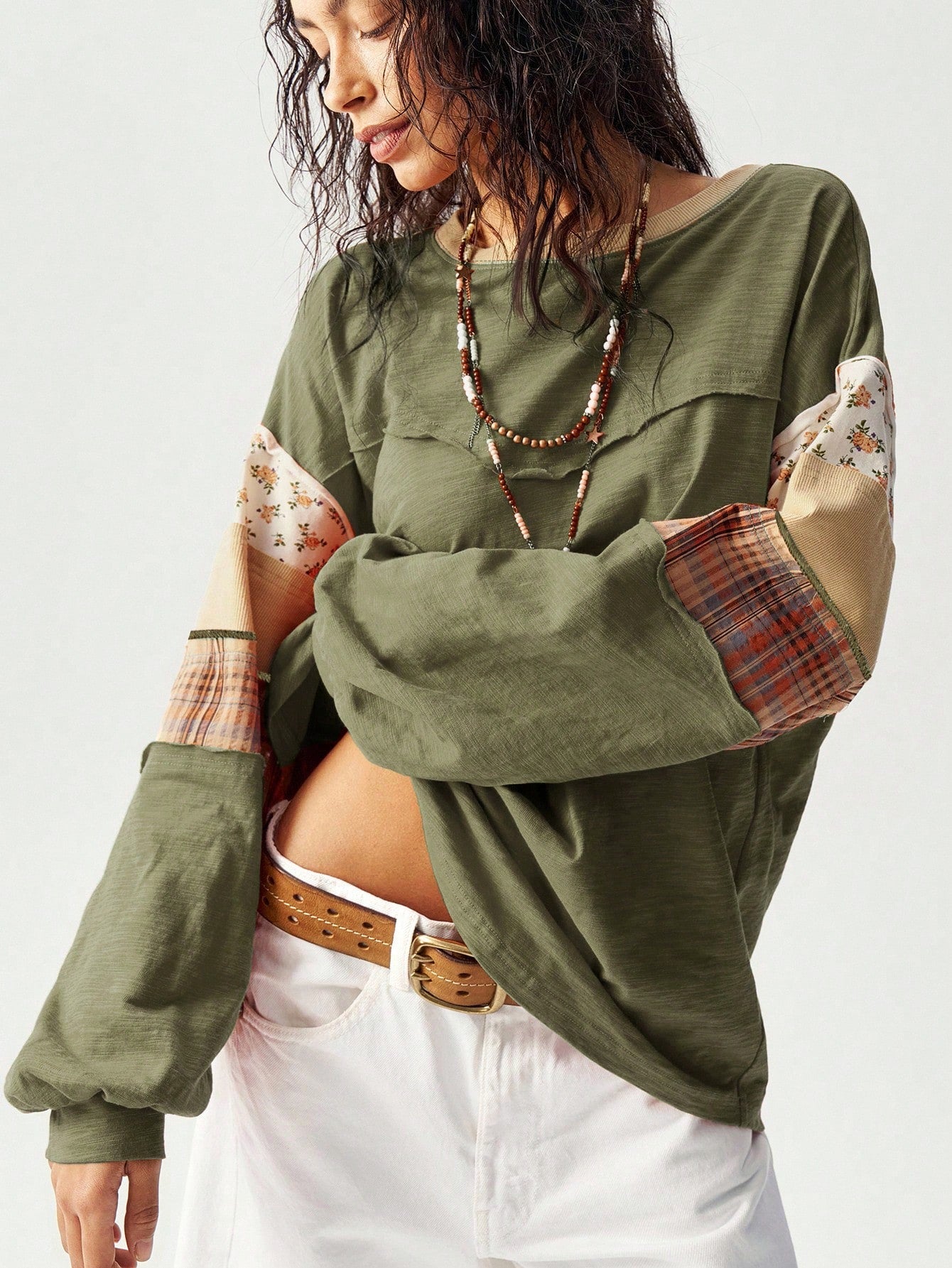 Bohemela Plus Size Women Patchwork Floral Plaid Print Round Neck Drop Shoulder Long Sleeve Casual Eleganza Boho Loose T-Shirt Army Green Autumn Vacation