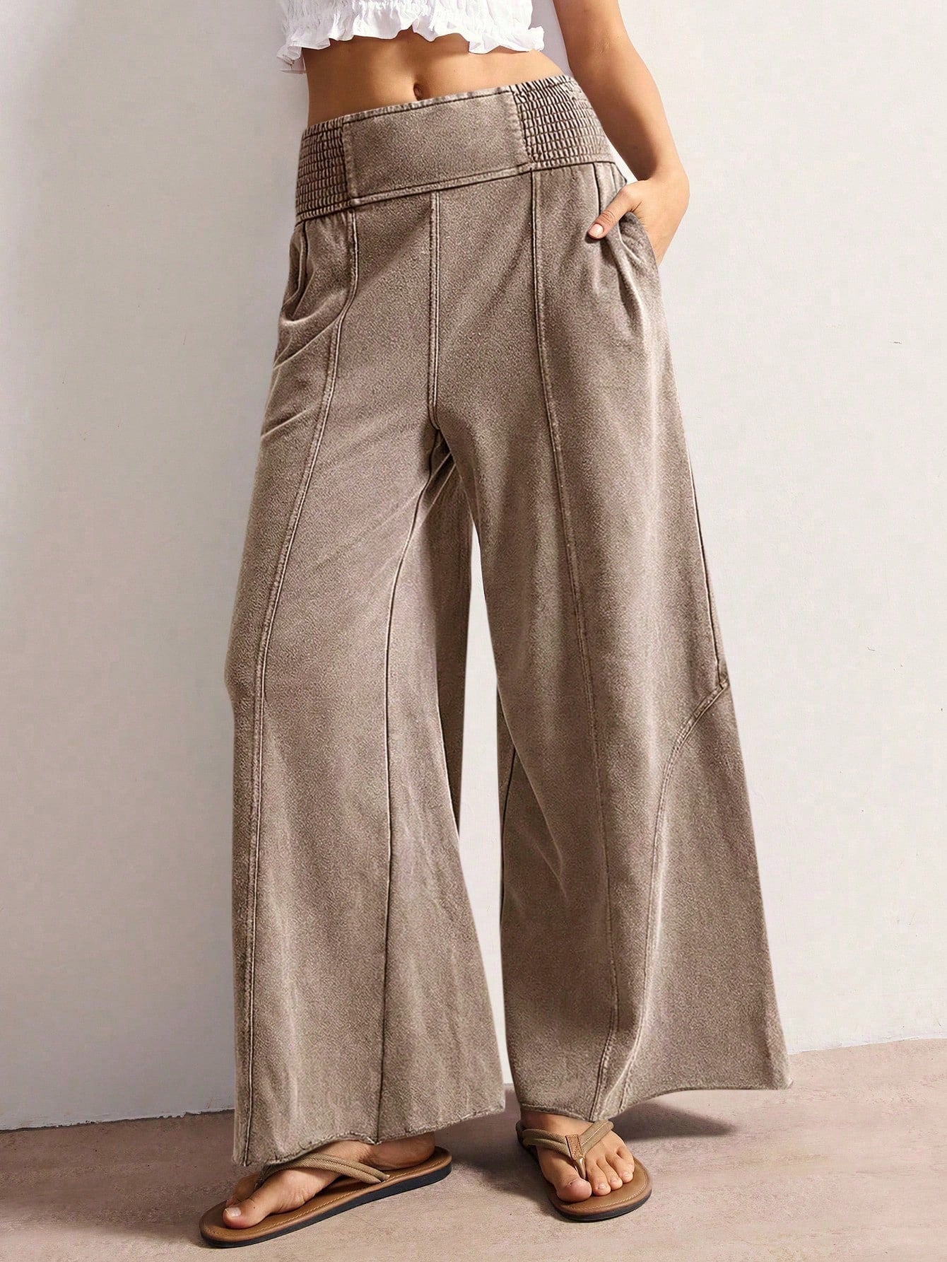 Bohemela Women's Casual Solid Color Knit Loose Wide-Leg Washed Pants