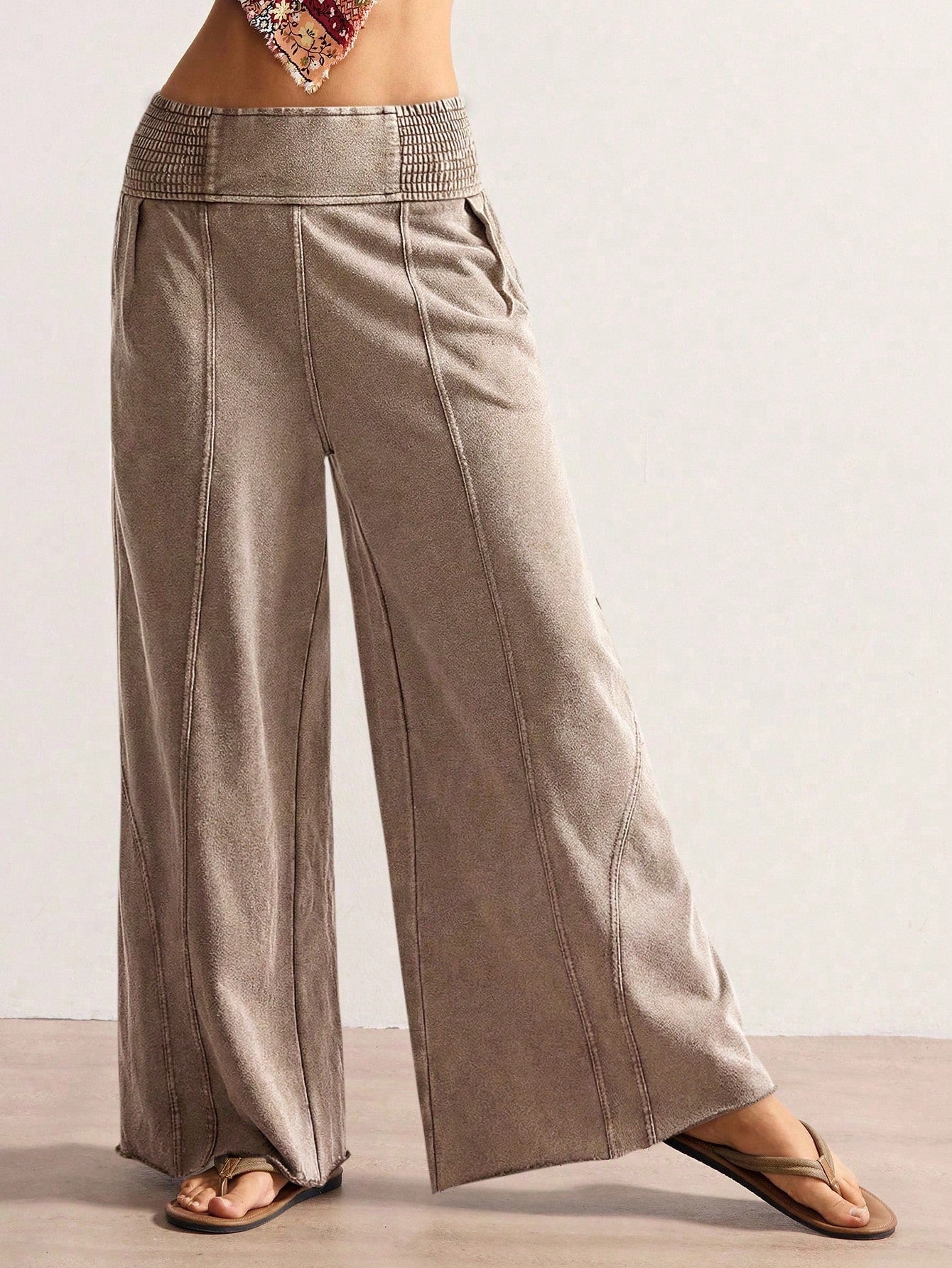 Bohemela Women's Casual Solid Color Knit Loose Wide-Leg Washed Pants