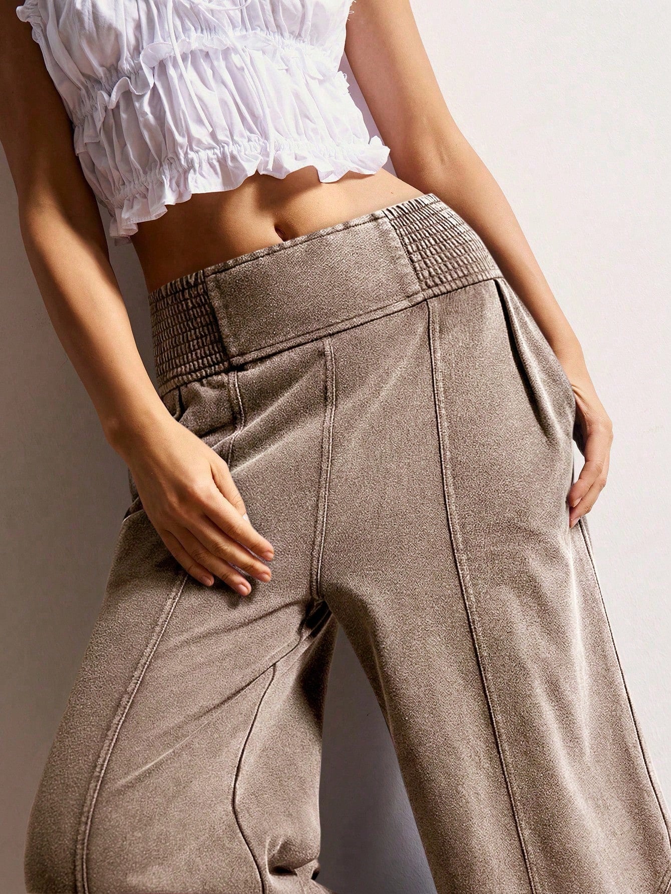Bohemela Women's Casual Solid Color Knit Loose Wide-Leg Washed Pants