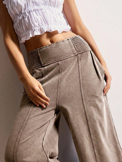 Bohemela Women's Casual Solid Color Knit Loose Wide-Leg Washed Pants