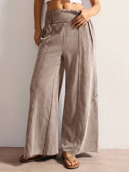 Bohemela Women's Casual Solid Color Knit Loose Wide-Leg Washed Pants