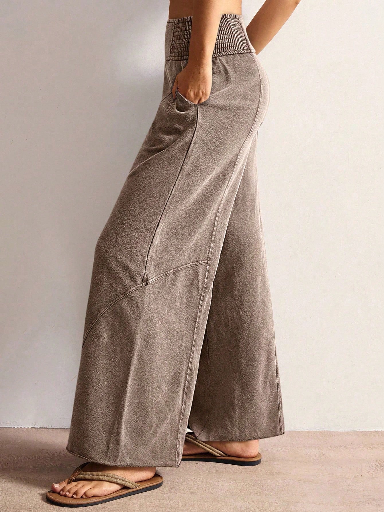 Bohemela Women's Casual Solid Color Knit Loose Wide-Leg Washed Pants