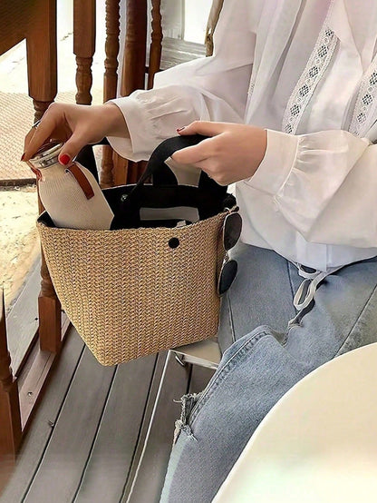 Bohemian Style Woven Tote Bag- Large Black Handbag Suitable For Beach, Camping And Outdoor Activities, Fabric With Magnetic Closure, Perfect For Women's Outdoor Adventures And Beach Outings