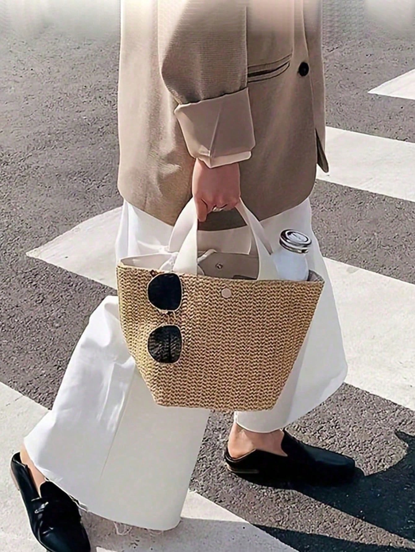 Bohemian Style Woven Tote Bag- Large Black Handbag Suitable For Beach, Camping And Outdoor Activities, Fabric With Magnetic Closure, Perfect For Women's Outdoor Adventures And Beach Outings