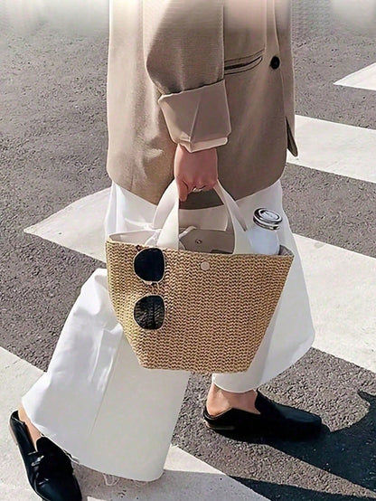 Bohemian Style Woven Tote Bag- Large Black Handbag Suitable For Beach, Camping And Outdoor Activities, Fabric With Magnetic Closure, Perfect For Women's Outdoor Adventures And Beach Outings