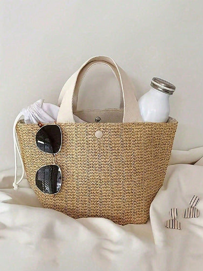 Bohemian Style Woven Tote Bag- Large Black Handbag Suitable For Beach, Camping And Outdoor Activities, Fabric With Magnetic Closure, Perfect For Women's Outdoor Adventures And Beach Outings