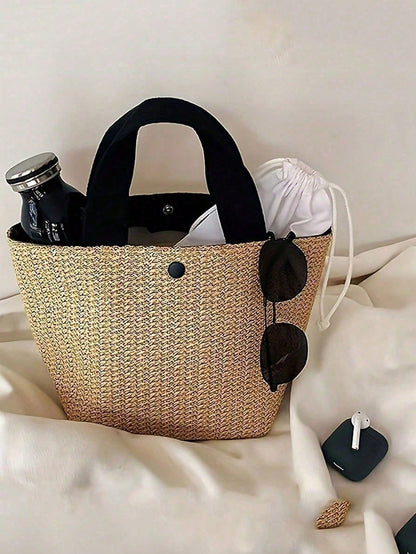 Bohemian Style Woven Tote Bag- Large Black Handbag Suitable For Beach, Camping And Outdoor Activities, Fabric With Magnetic Closure, Perfect For Women's Outdoor Adventures And Beach Outings