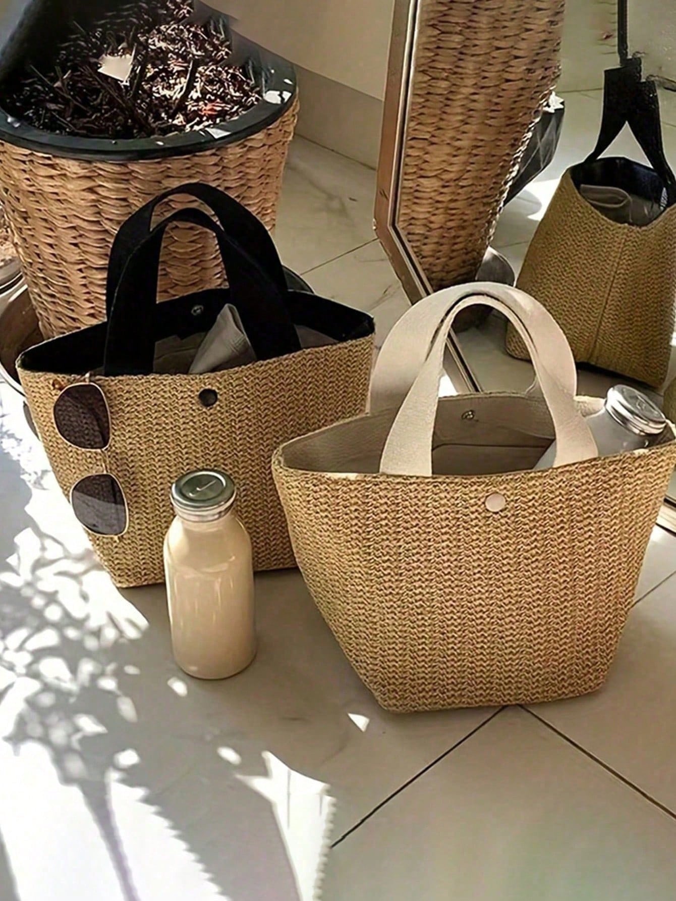 Bohemian Style Woven Tote Bag- Large Black Handbag Suitable For Beach, Camping And Outdoor Activities, Fabric With Magnetic Closure, Perfect For Women's Outdoor Adventures And Beach Outings