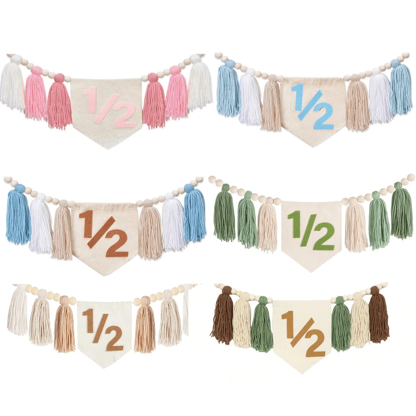Bohemian Wooden Bead Tassel 1/2 Birthday Banner, Multi-Colored High Chair Wooden Bead Hanging Banner, Baby's Half-Year Party Backdrop Decoration