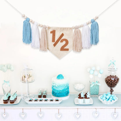 Bohemian Wooden Bead Tassel 1/2 Birthday Banner, Multi-Colored High Chair Wooden Bead Hanging Banner, Baby's Half-Year Party Backdrop Decoration