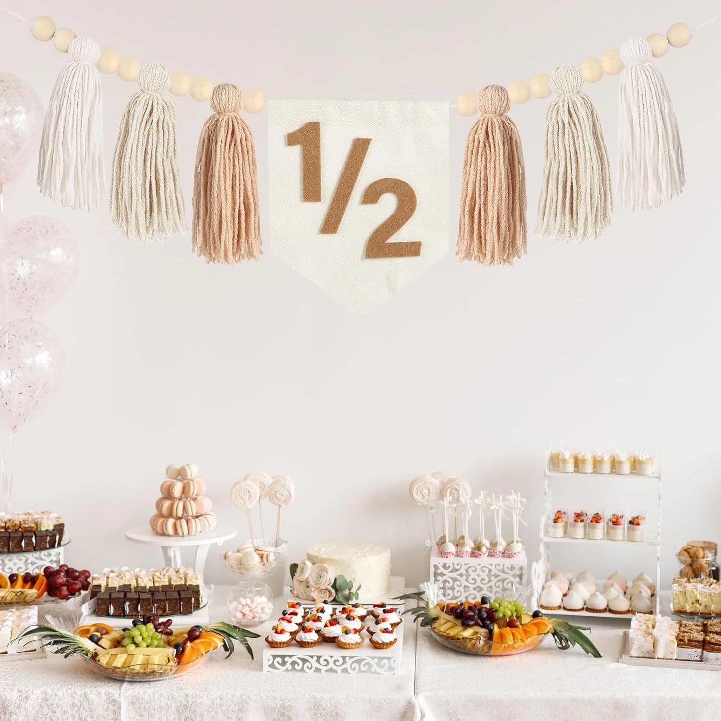 Bohemian Wooden Bead Tassel 1/2 Birthday Banner, Multi-Colored High Chair Wooden Bead Hanging Banner, Baby's Half-Year Party Backdrop Decoration