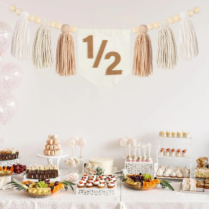 Bohemian Wooden Bead Tassel 1/2 Birthday Banner, Multi-Colored High Chair Wooden Bead Hanging Banner, Baby's Half-Year Party Backdrop Decoration