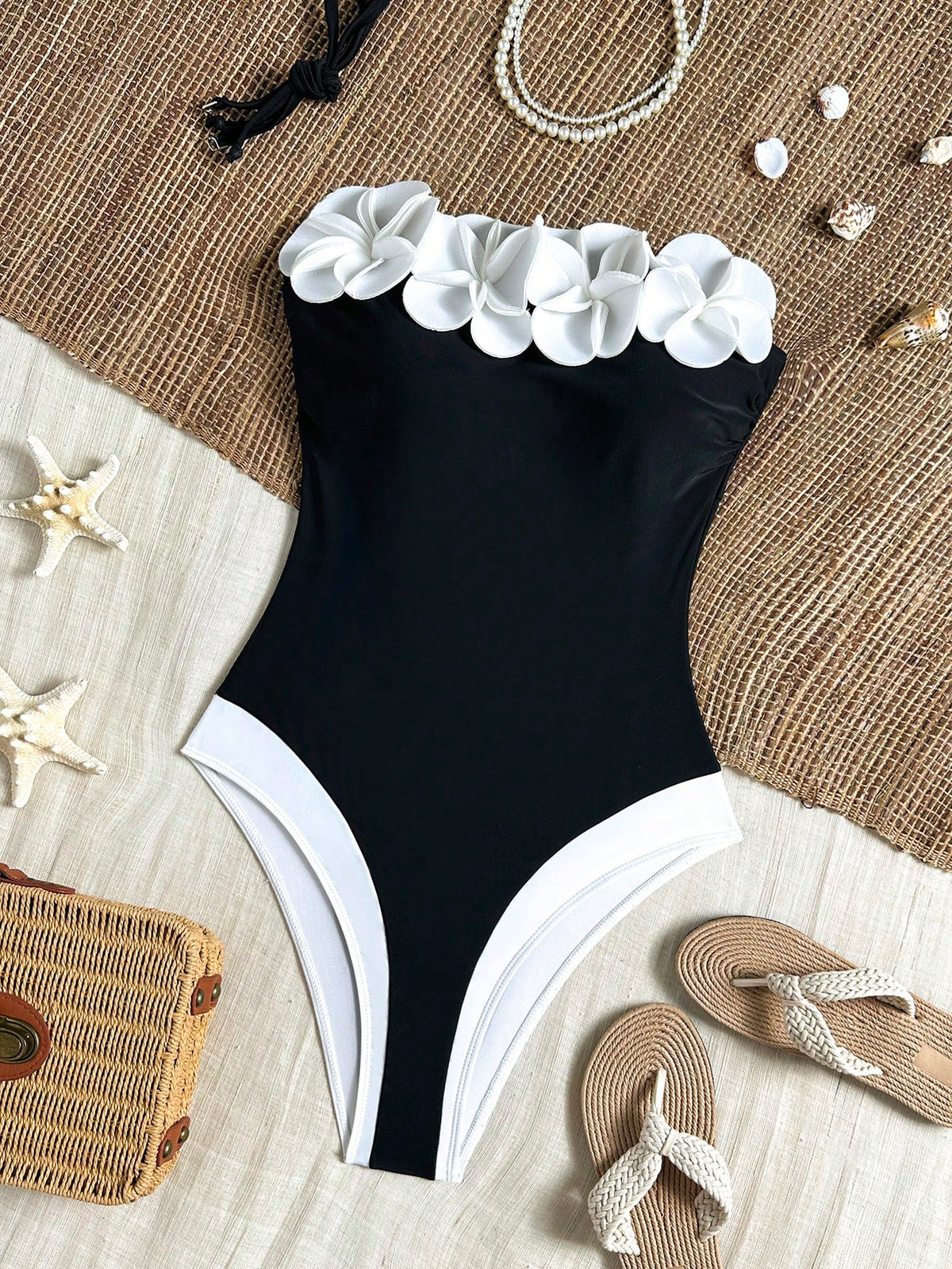 Bonvoyette Women's New Black & White Contrast Color One-Piece Swimsuit/Outfit, Patchwork Design, White 3D Floral, Bandeau Sexy Swimwear, Suitable For Beach & Seaside Photography, Essential Outfit For