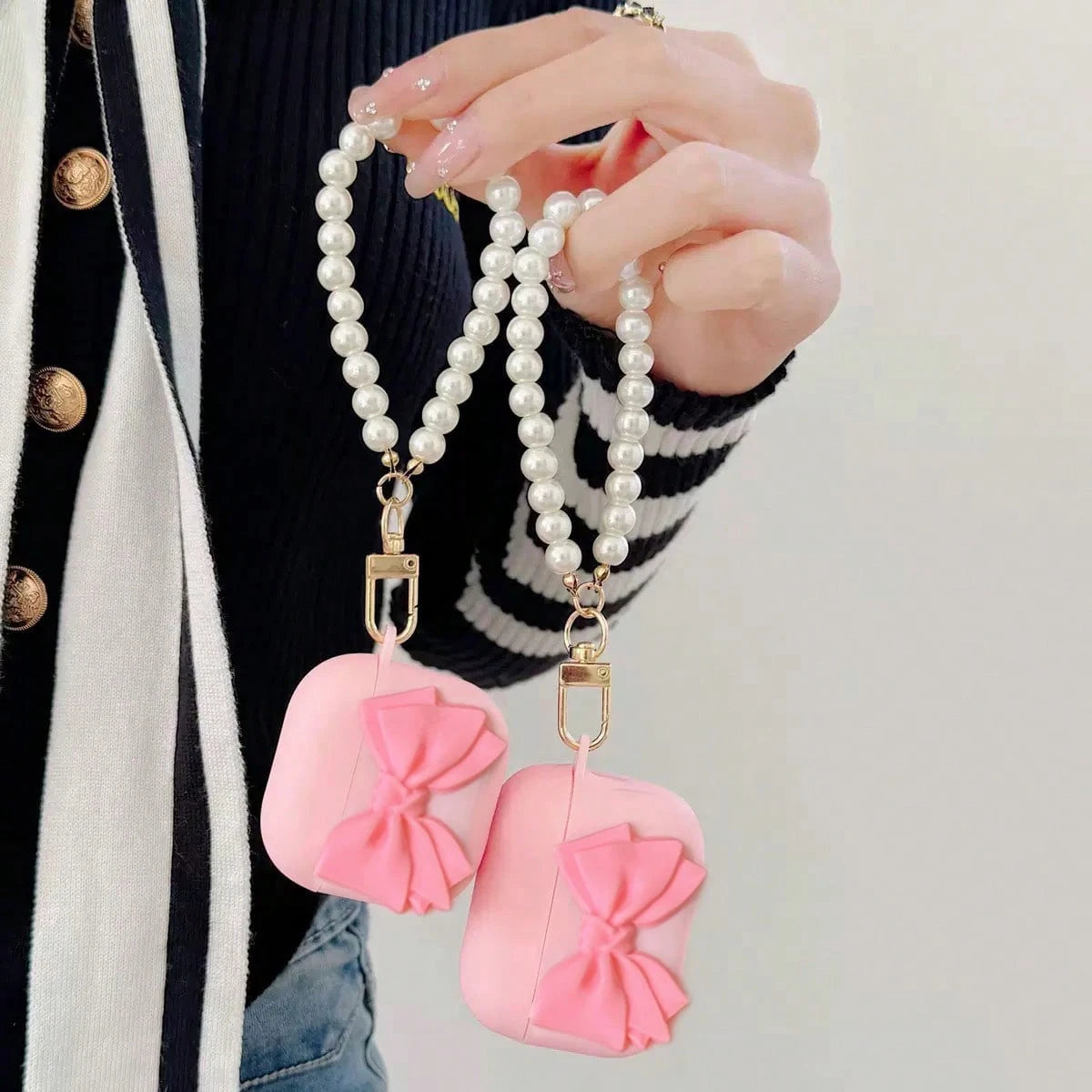 Bow-Knot Cute Girl's Pink Bow Earphone Case, Princess Style Pink Bow & Pearl Lanyard