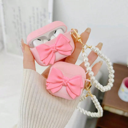 Bow-Knot Cute Girl's Pink Bow Earphone Case, Princess Style Pink Bow & Pearl Lanyard