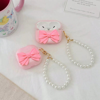 Bow-Knot Cute Girl's Pink Bow Earphone Case, Princess Style Pink Bow & Pearl Lanyard