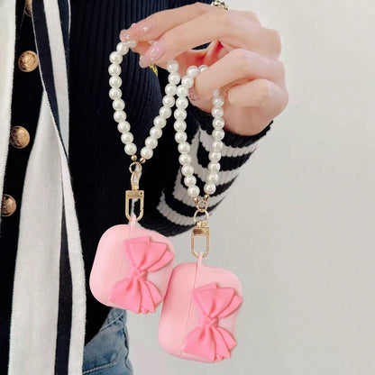 Bow-Knot Cute Girl's Pink Bow Earphone Case, Princess Style Pink Bow & Pearl Lanyard