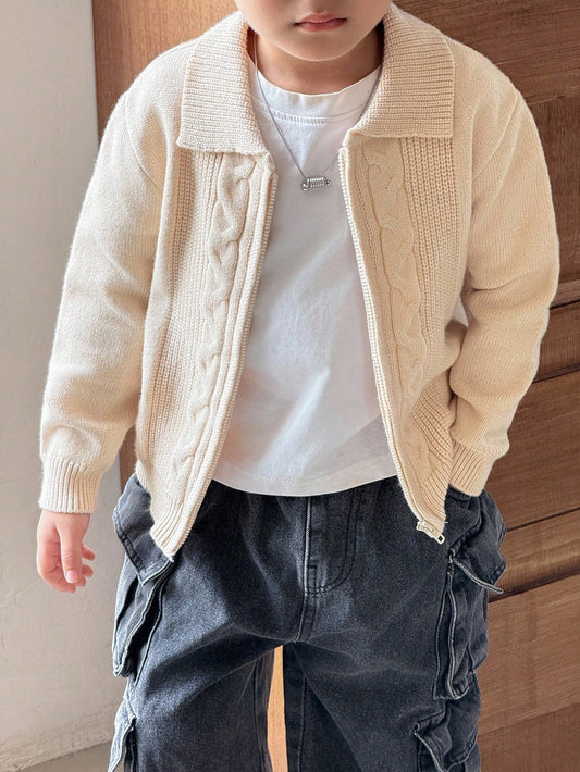 Boys Casual Twist Floral Front Zip Knitted Cardigan,In Fall/Winter