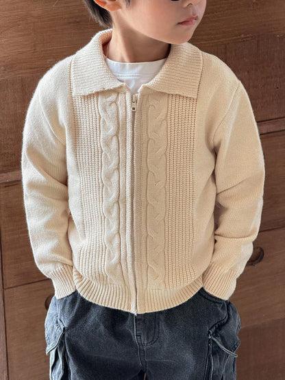 Boys Casual Twist Floral Front Zip Knitted Cardigan,In Fall/Winter