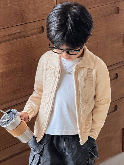 Boys Casual Twist Floral Front Zip Knitted Cardigan,In Fall/Winter