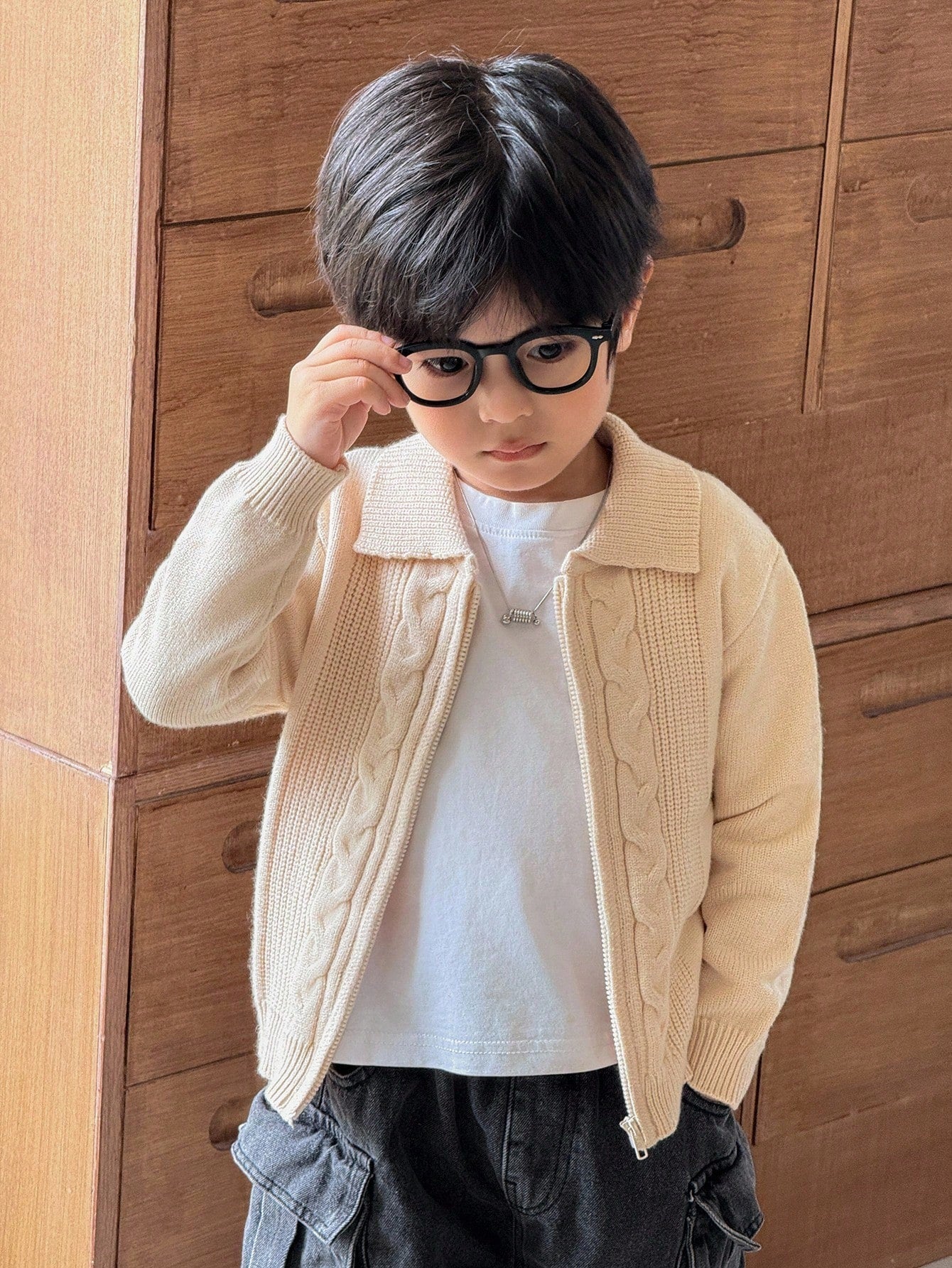 Boys Casual Twist Floral Front Zip Knitted Cardigan,In Fall/Winter