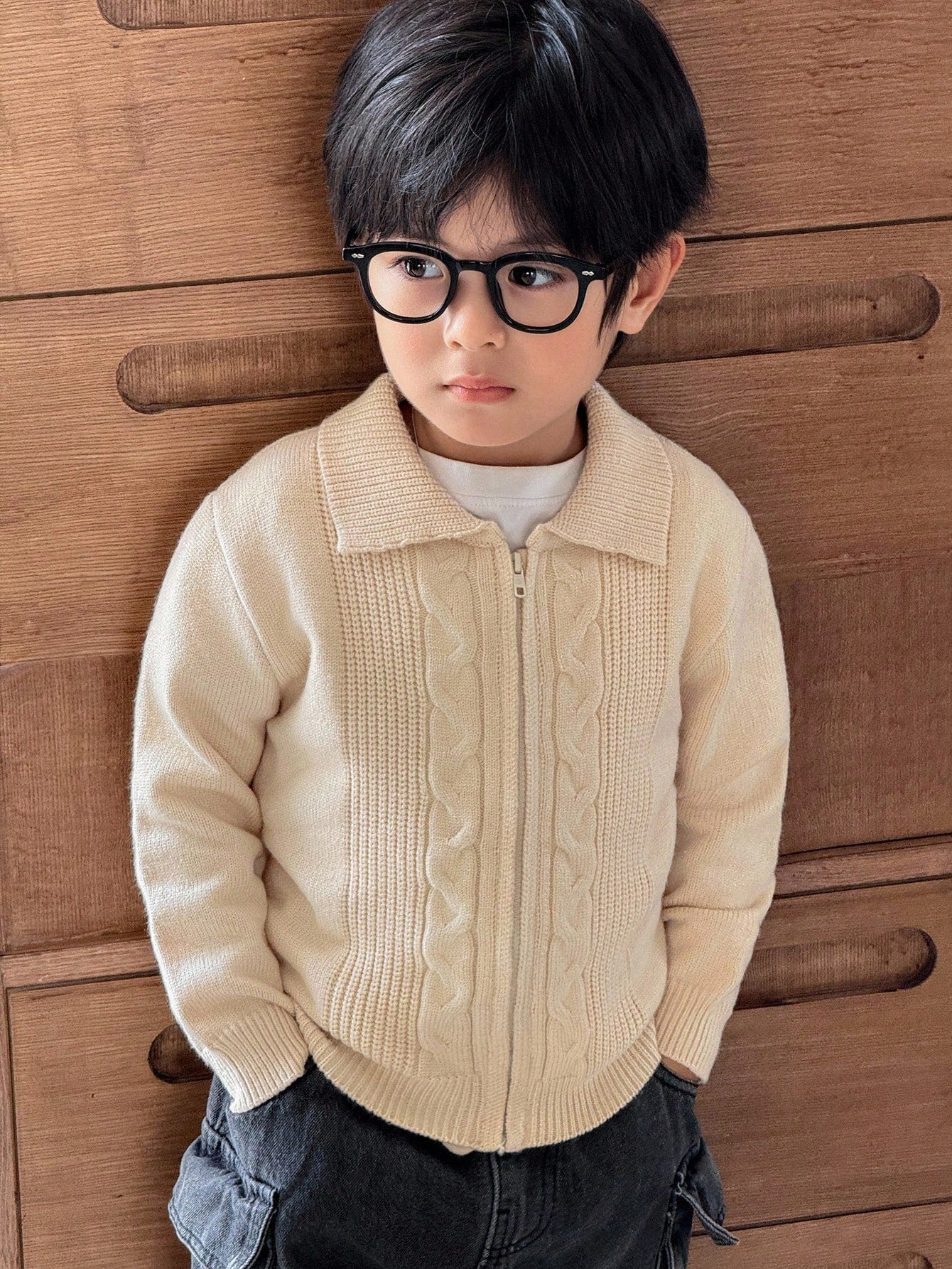 Boys Casual Twist Floral Front Zip Knitted Cardigan,In Fall/Winter