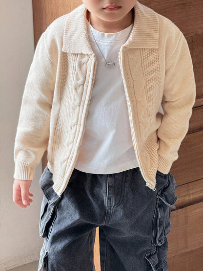 Boys Casual Twist Floral Front Zip Knitted Cardigan,In Fall/Winter